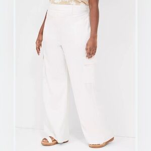Lane Bryant Pull-On Linen Wide Leg Cargo Pants White Coastal Grandma vacation